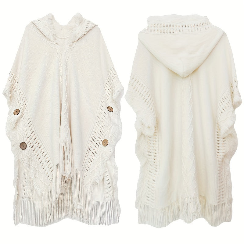 White Bohemian Style Fringed Hooded Poncho for Women Knitted Sweater Casual Shawl