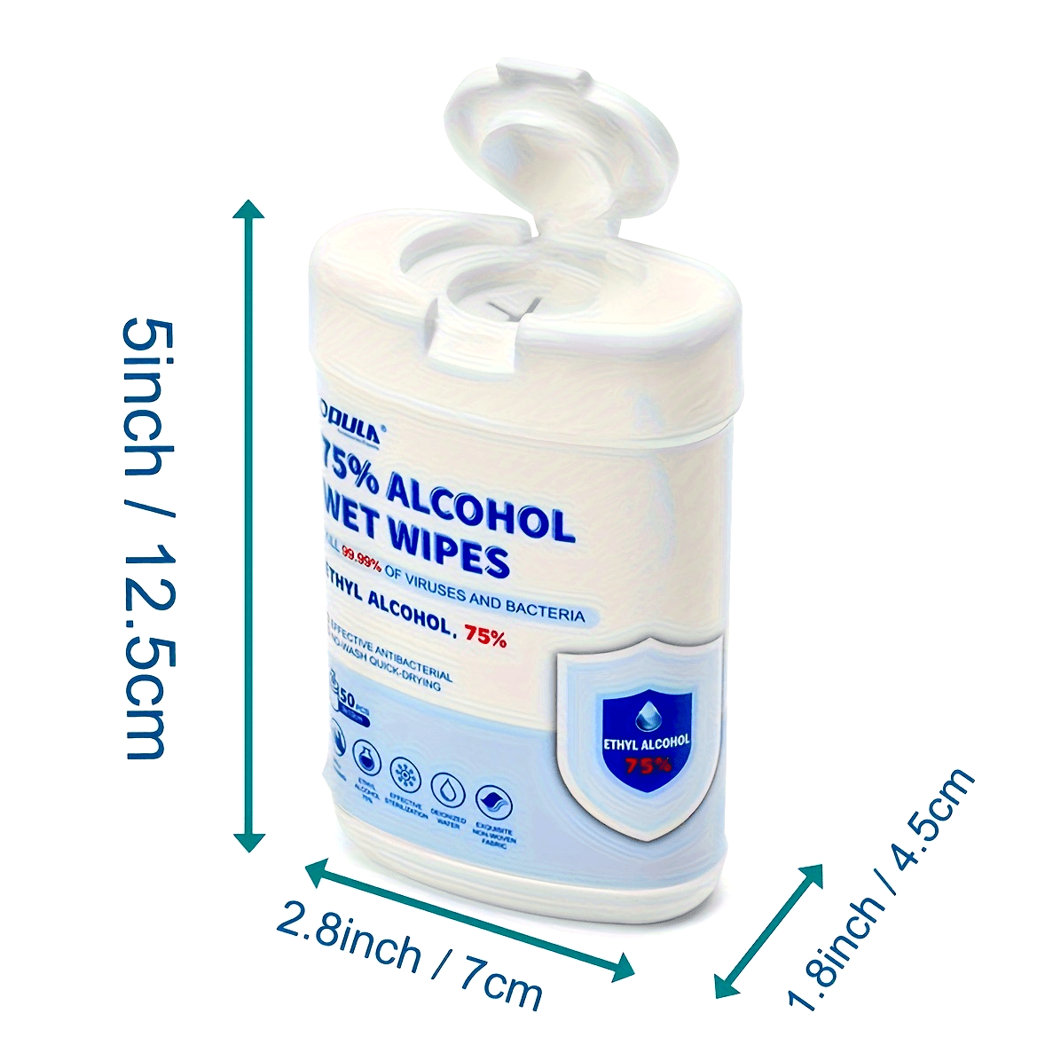 75% alkogolni o'z ichiga olgan dezinfektsiyalovchi matolar, 50 dona - Uyda va ochiq havoda foydalanish uchun mos, elektronika, zargarlik buyumlari, mebel va avtomobil o'rindiqlarini tozalash uchun ajoyib.