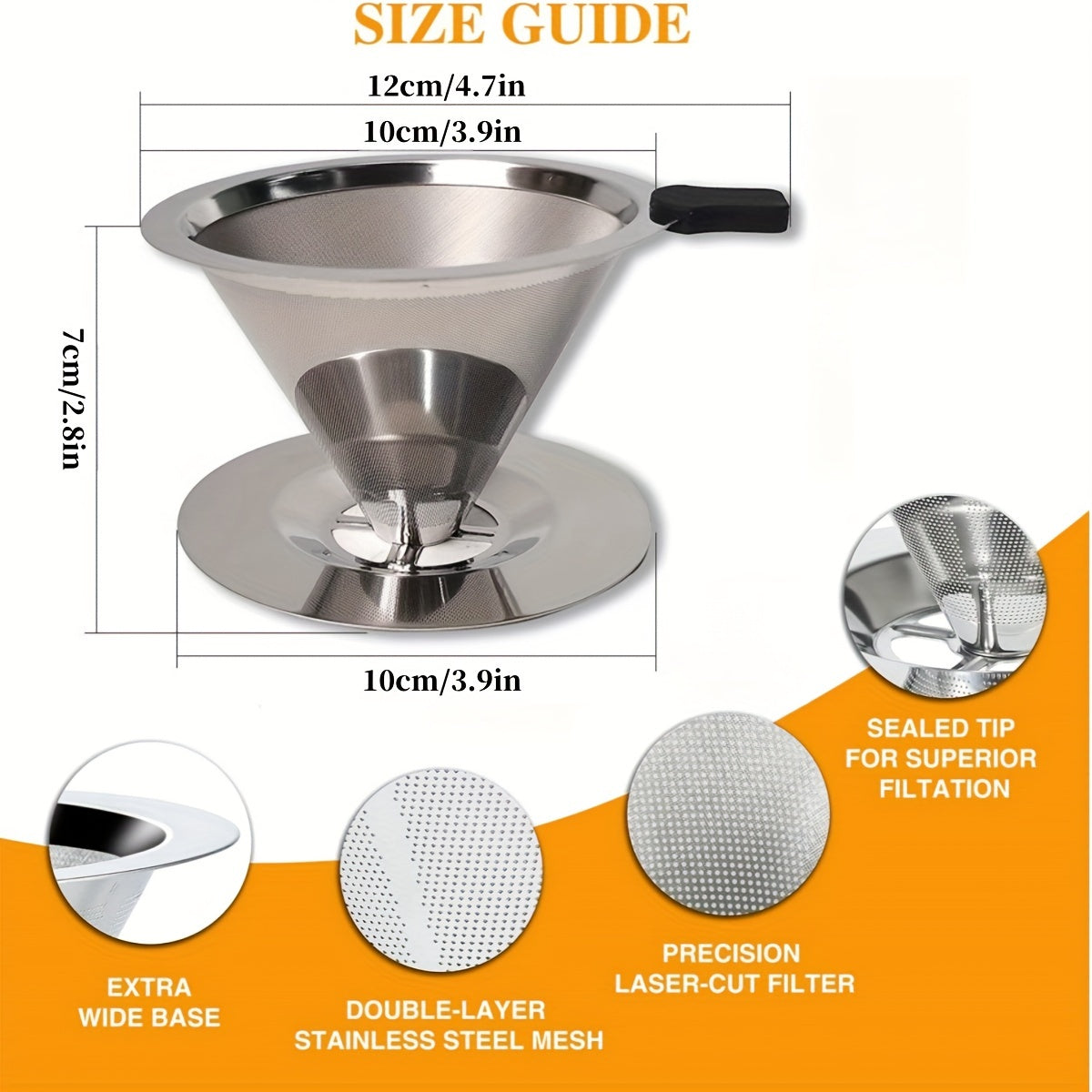 Single Cup Stainless Steel Pour Over Coffee Filter Double Mesh Cone Strainer