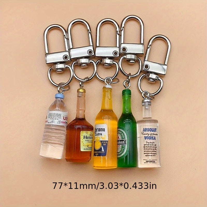 Set of 5 Miniature Resin and Alloy Beverage Bottle Keychains for Keys Phones Bags
