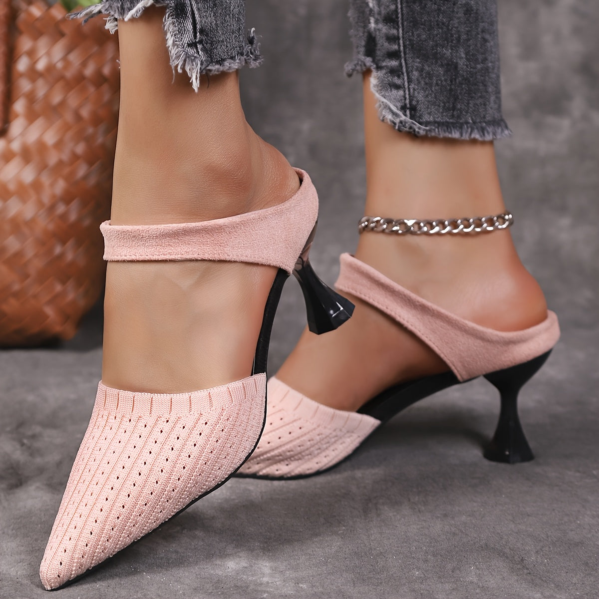 Women's Pointed Toe High Heel Sandals Black Fabric Formal Dress Shoes