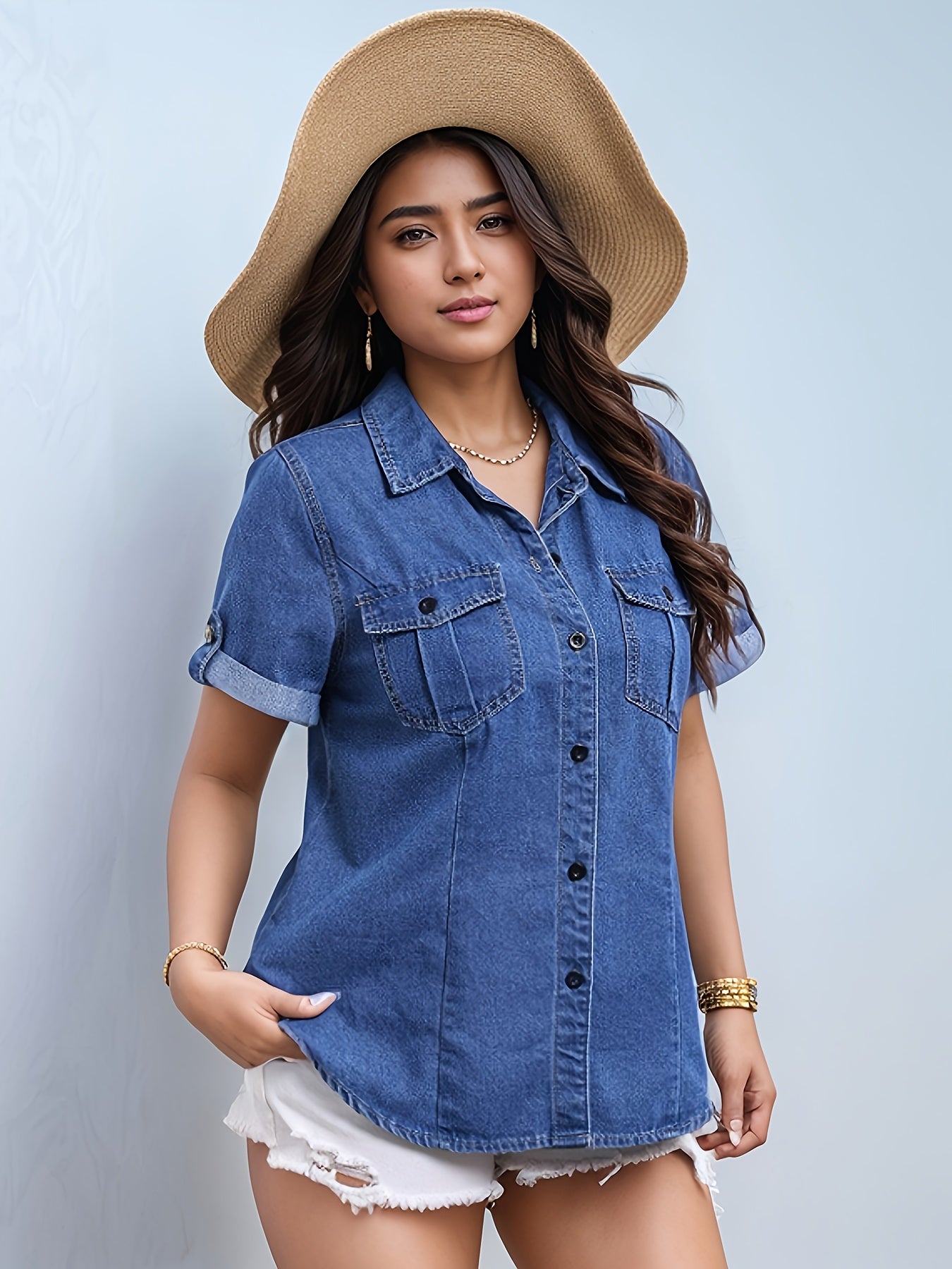Women's Plus Size Denim-Style Button-Up Blouse with Flap Pockets