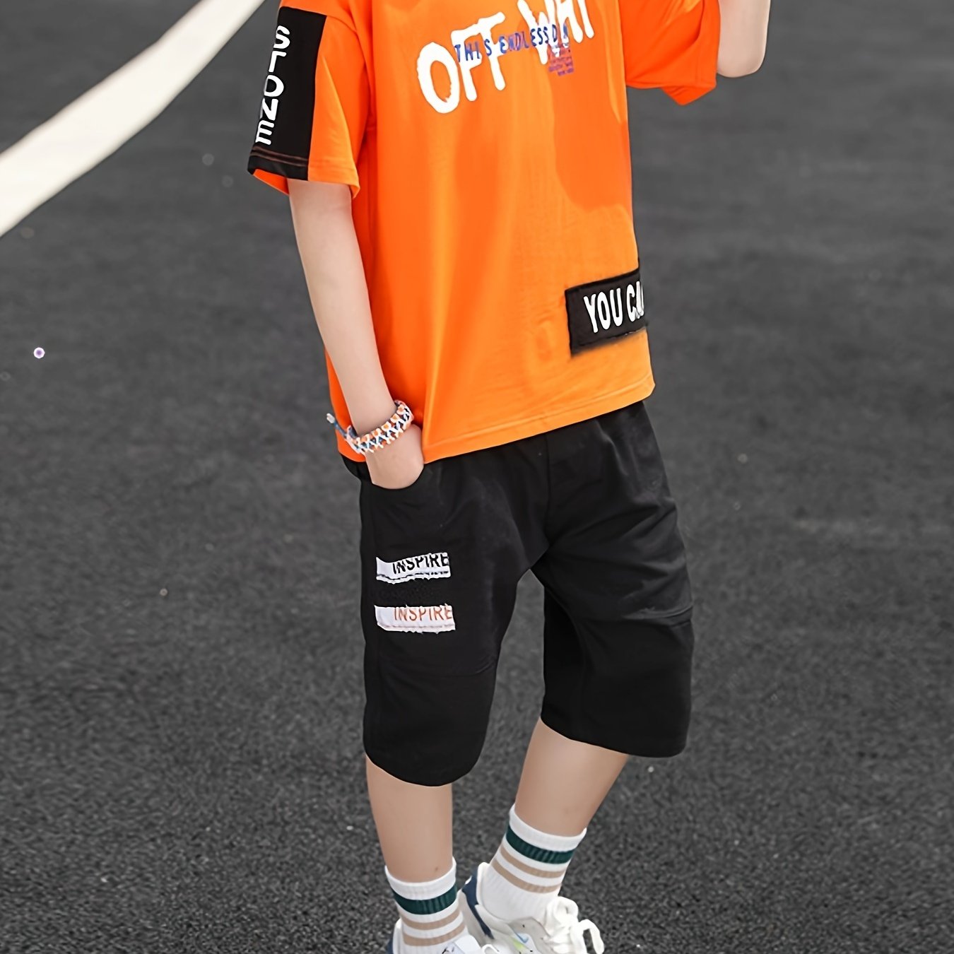 Yigitlar uchun paxta harf grafikasi T-shirt va shortlar to'plami, yoz uchun, 12 yosh va undan kichik bolalar