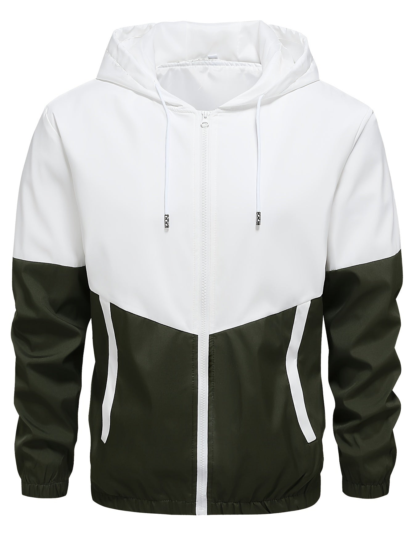 Erkaklar uchun 2-qismli tasodifiy sport to'plami, uslubiy rang blokirovka dizayni bilan kapyushonli kurtka va shimlar, bahor yoki kuzda zamonaviy sport ko'rinishi uchun.