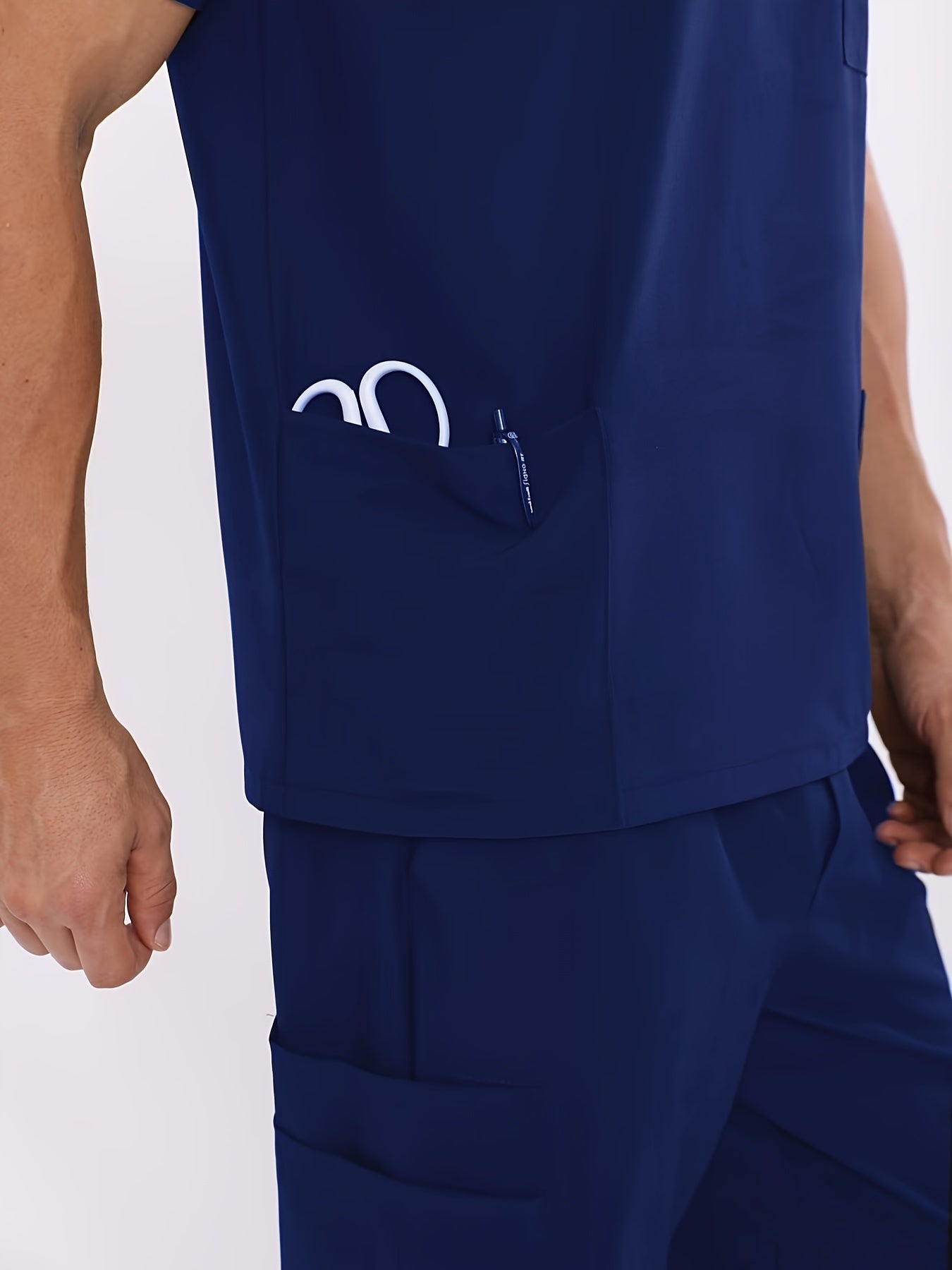 Men's Summer V-Neck Workwear Set Short Sleeve Shirt Pants Polyester Solid