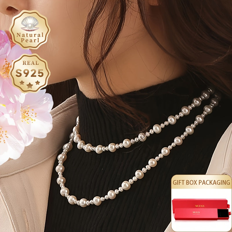 Long Chain Pearl Necklace for Women with Freshwater Pearls and Silver 80cm