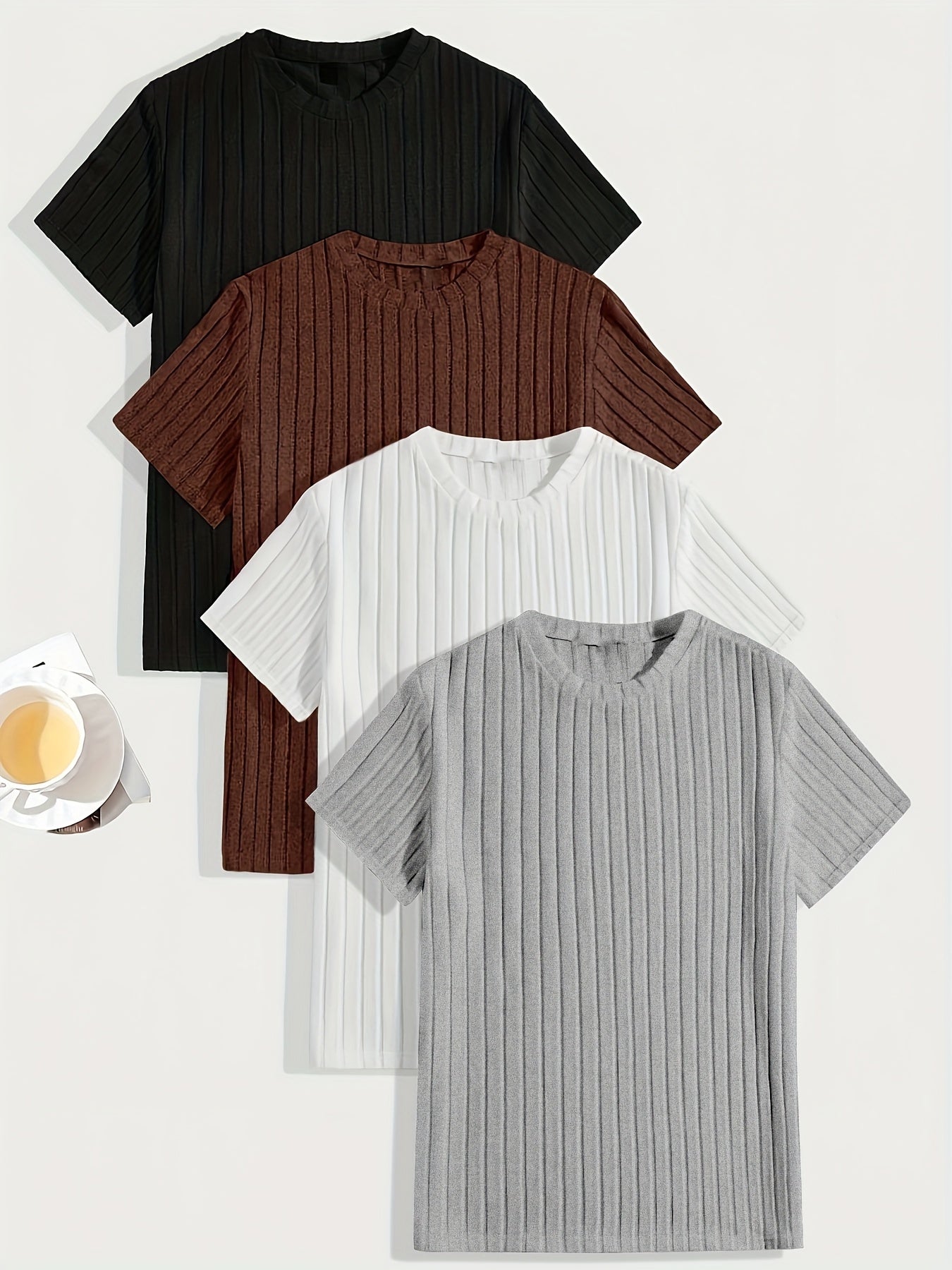 4-Pack Men's Casual Ribbed T-Shirts Polyester Elastane Crew Neck Short Sleeve Multi-Color