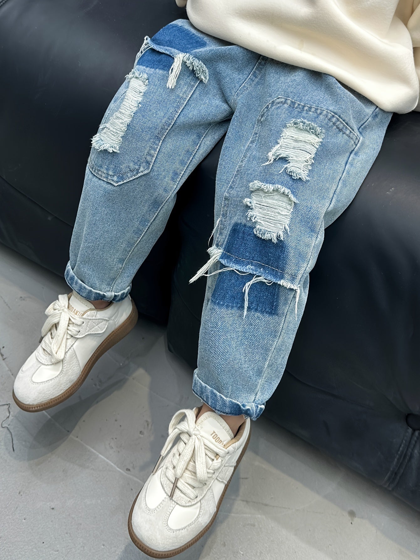 Boys Ripped Denim Jeans Loose Fit Cotton Blend Casual Wide Leg Spring Summer Fall