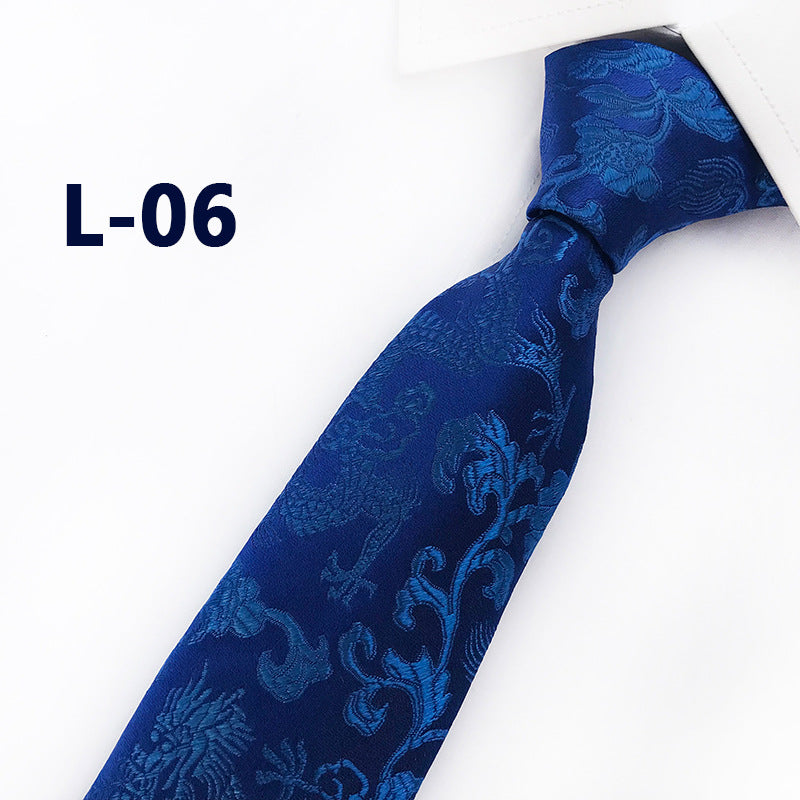 Men's Silk Tie with Hand-Embroidered Chinese Dragon and Peony Design