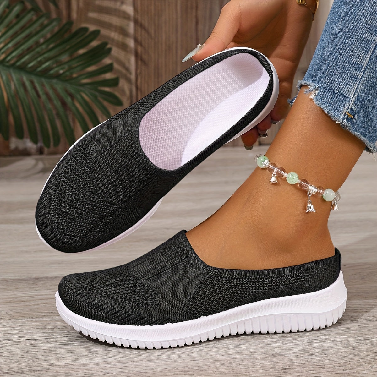 Women Slip-On Walking Sneakers Soft Sole Non-Slip Black Casual Shoes