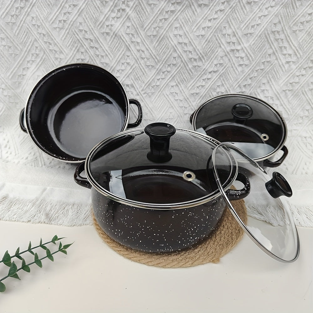 Enamel Cookware Set with Glass Lids, 6-Piece Lightweight Pots for Versatile Cooking