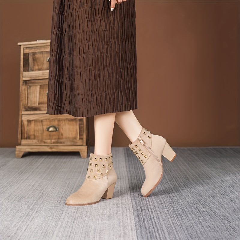 Women Ankle Boots Flannel Solid Color Chunky Block Heel Winter Shoes