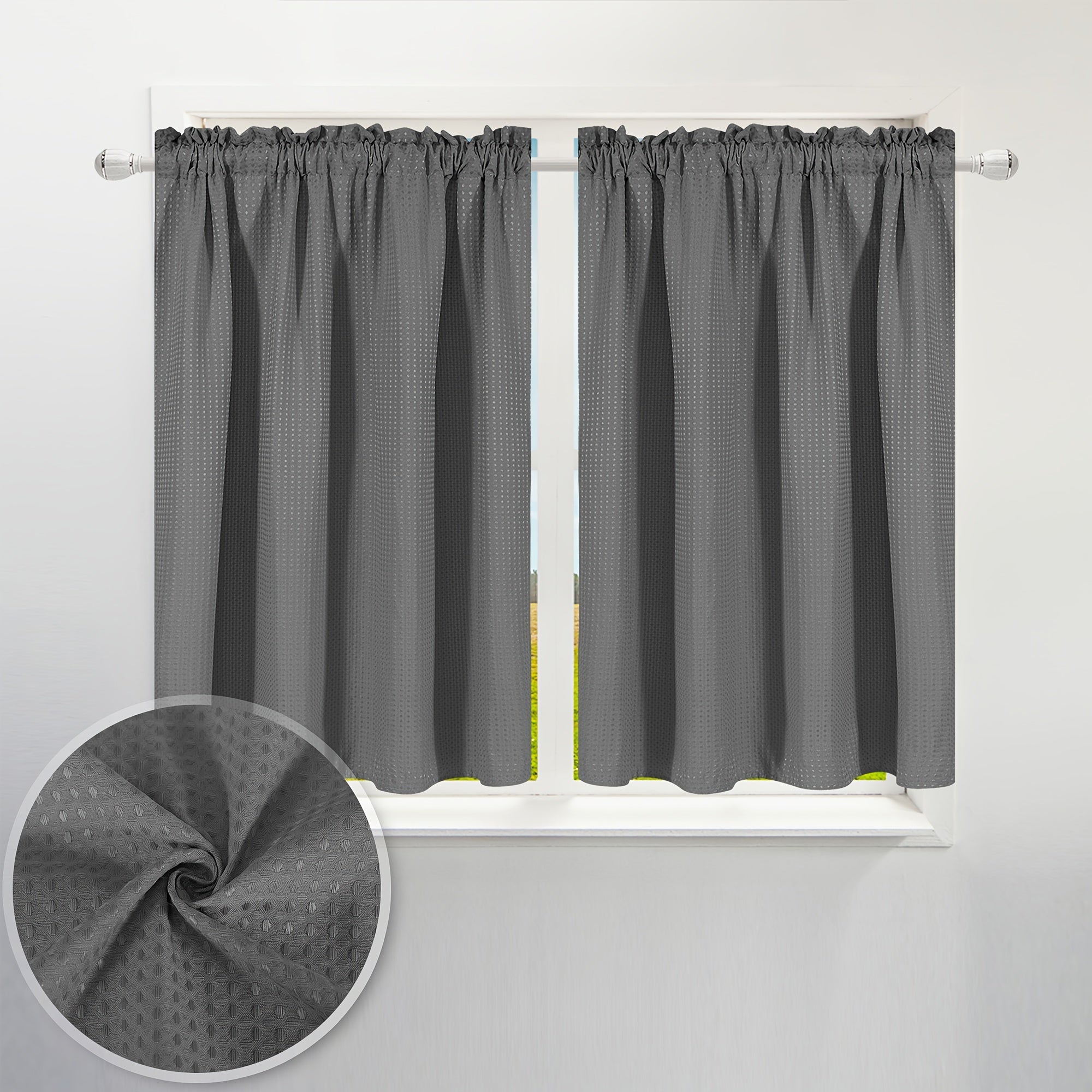 Set of 2 Waterproof Waffle Weave Half Window Curtains for Bathroom Kitchen Coffee Shop