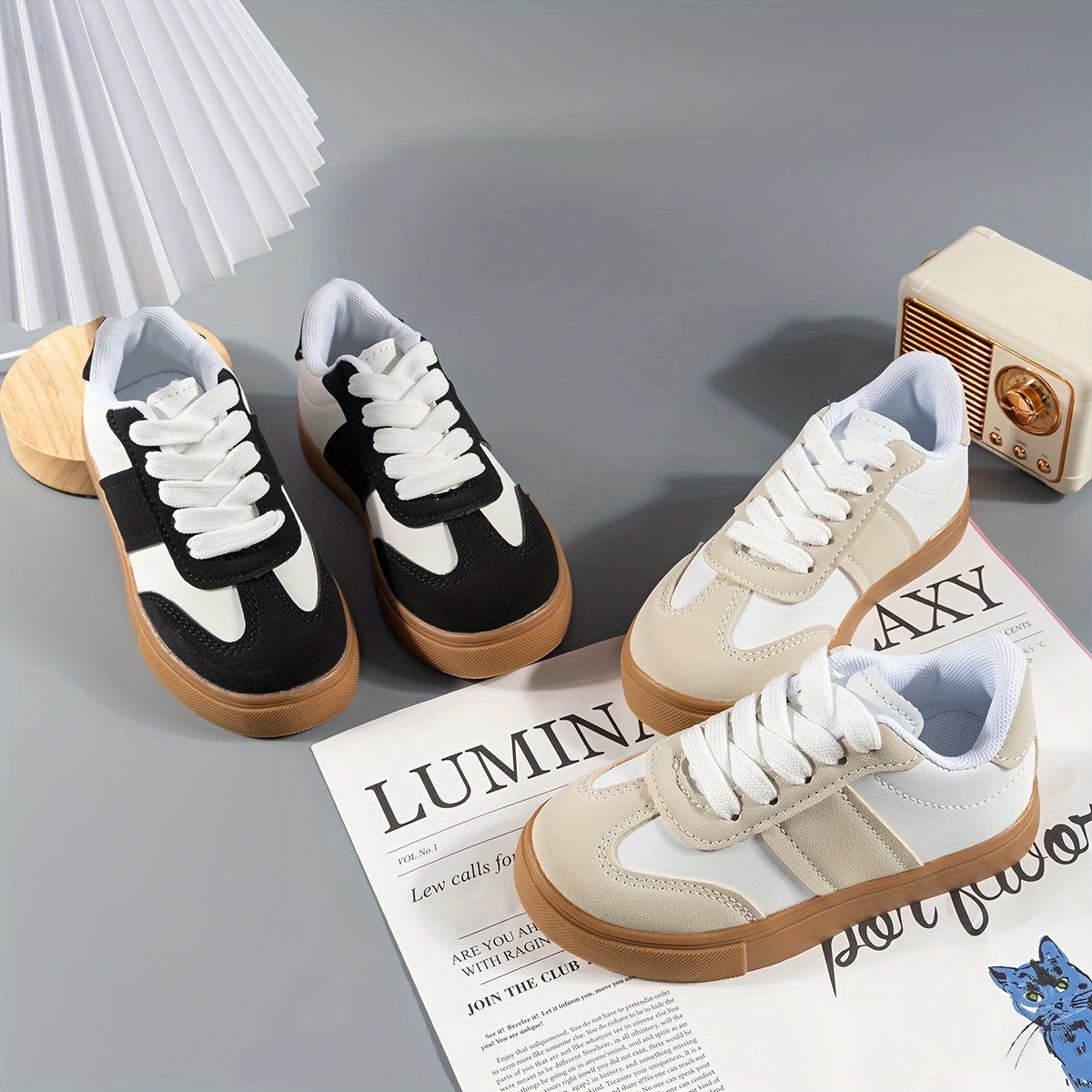 Kids Boys Girls Casual Low Top Lace-Up Sneakers with Stripes and Round Toe