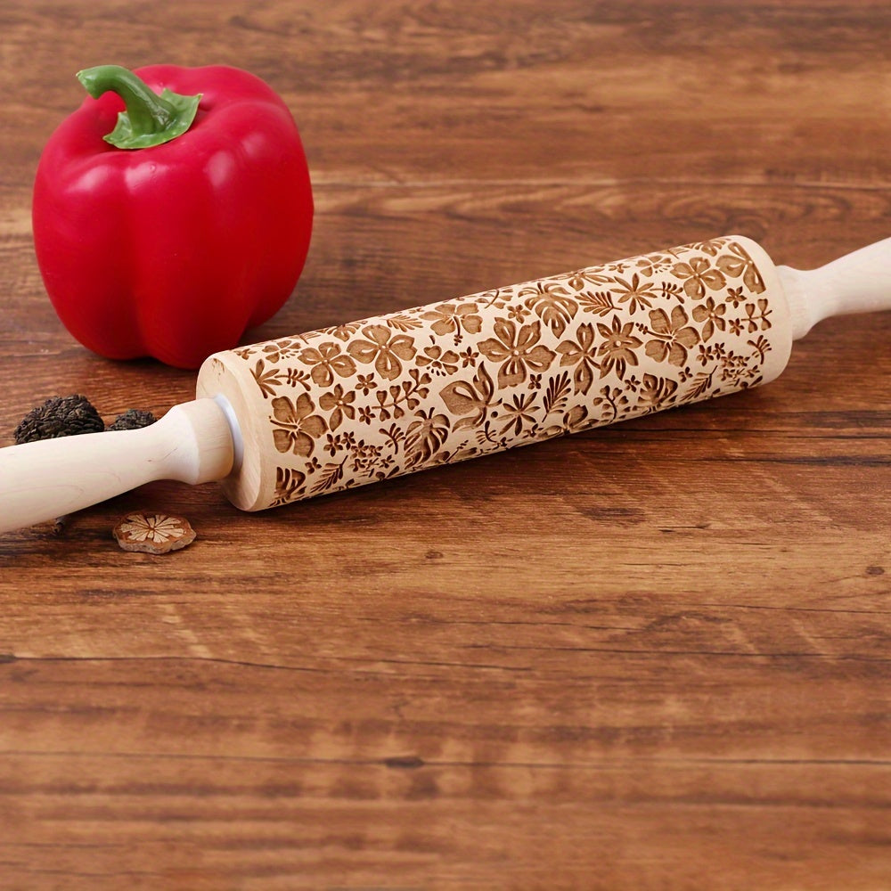 Wooden Embossing Dough Roller with Flower and Leaf Design 34.8cm Kitchen Utensil