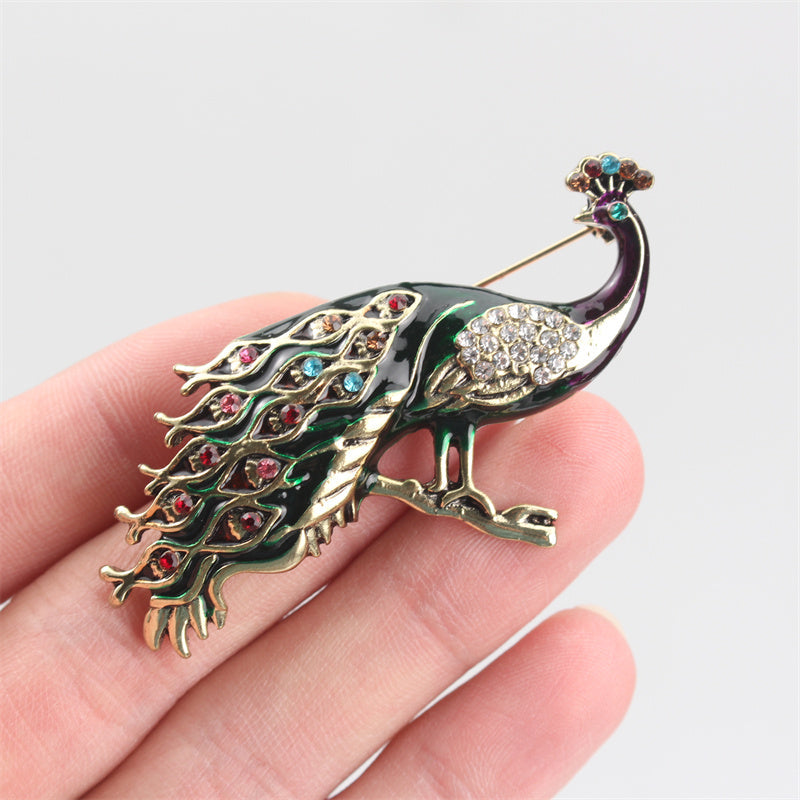 Elegant Peacock Brooch Pin Enamel Rhinestones Animal Shaped Jewelry for Hanfu Cheongsam Events