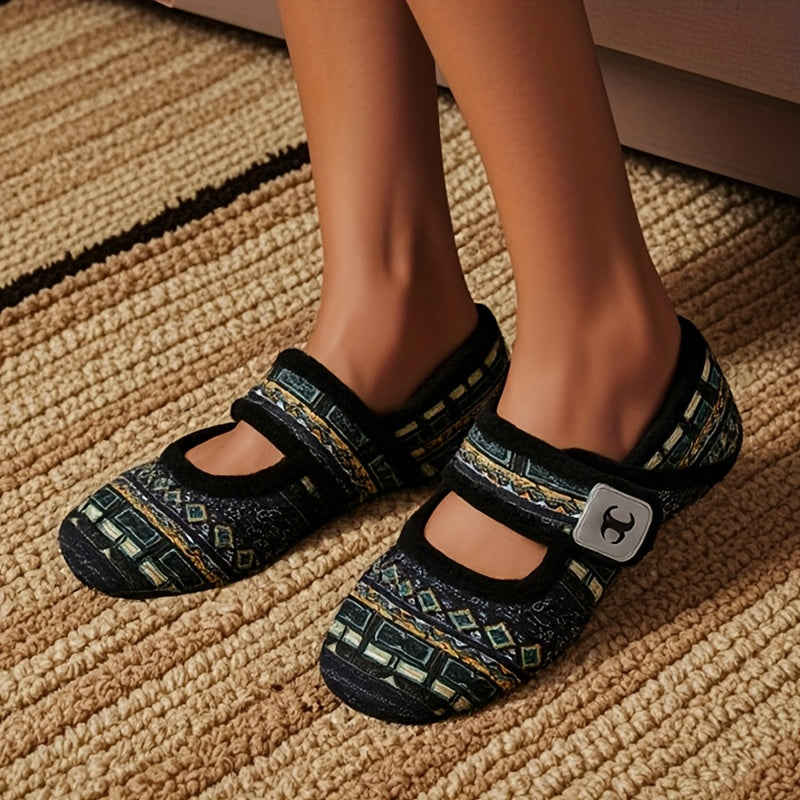 Zapatos de interior para mujer con forro de tela suave, suela antideslizante y estilo Mary Jane con pelo sintético