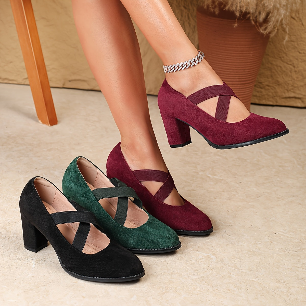 Women's Round Toe High Heel Shoes with Strap, Black Green Burgundy