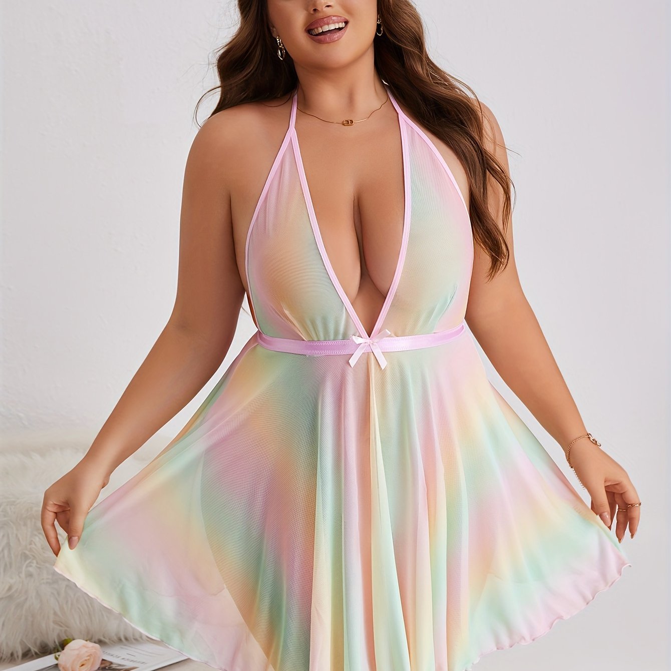Plus Size Women’s Mesh Lingerie Dress Set Deep V Backless Babydoll Two Piece