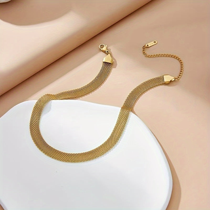 Hypoallergenic Stainless Steel Jewelry Set with Woven Mesh Necklace and Bracelet in 18K Plated Finish