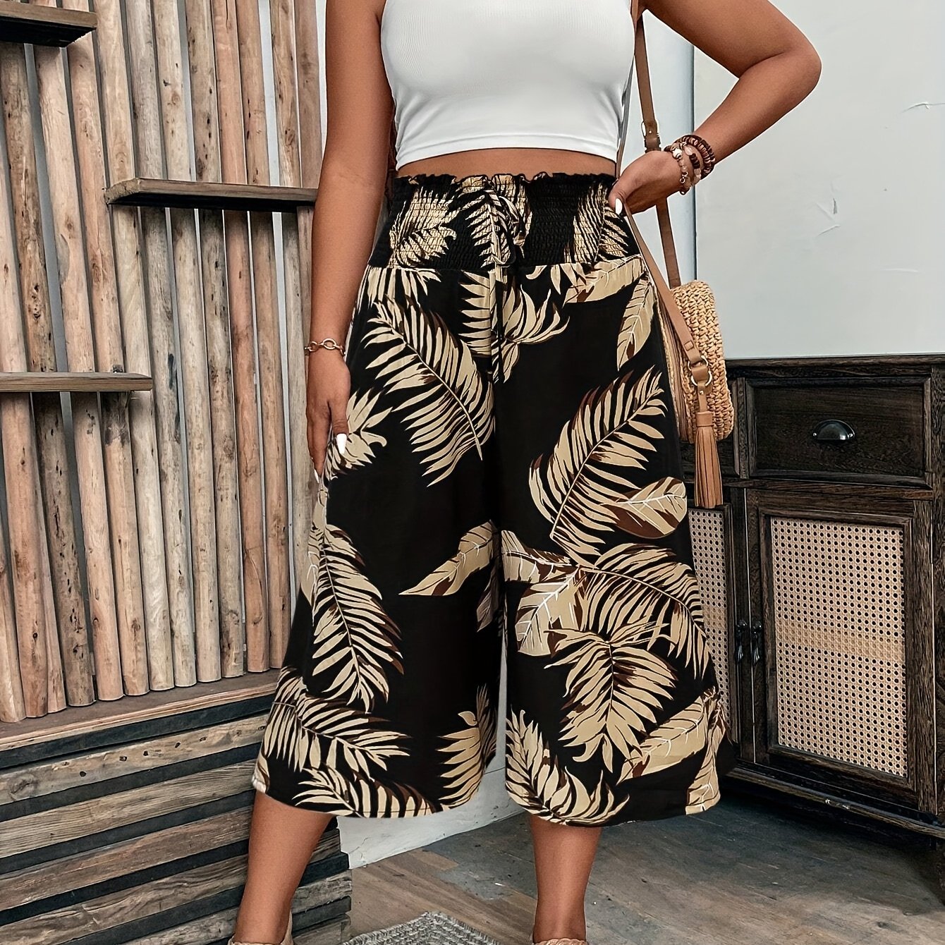 Women's Plus Size Tropical Print Wide-Leg Pants Black Gold Palm Leaf High-Waisted Summer Casual