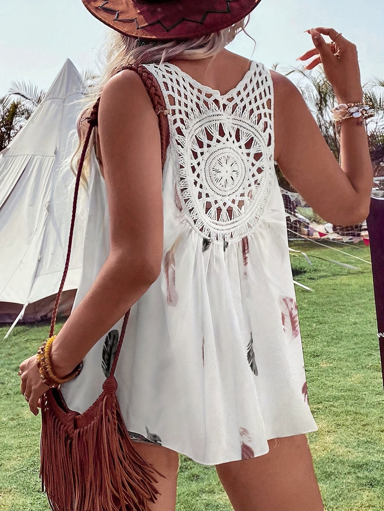 Plus Size Crochet Lace Tank Top Elegant Crew Neck Non-Stretch Fabric Summer Casual