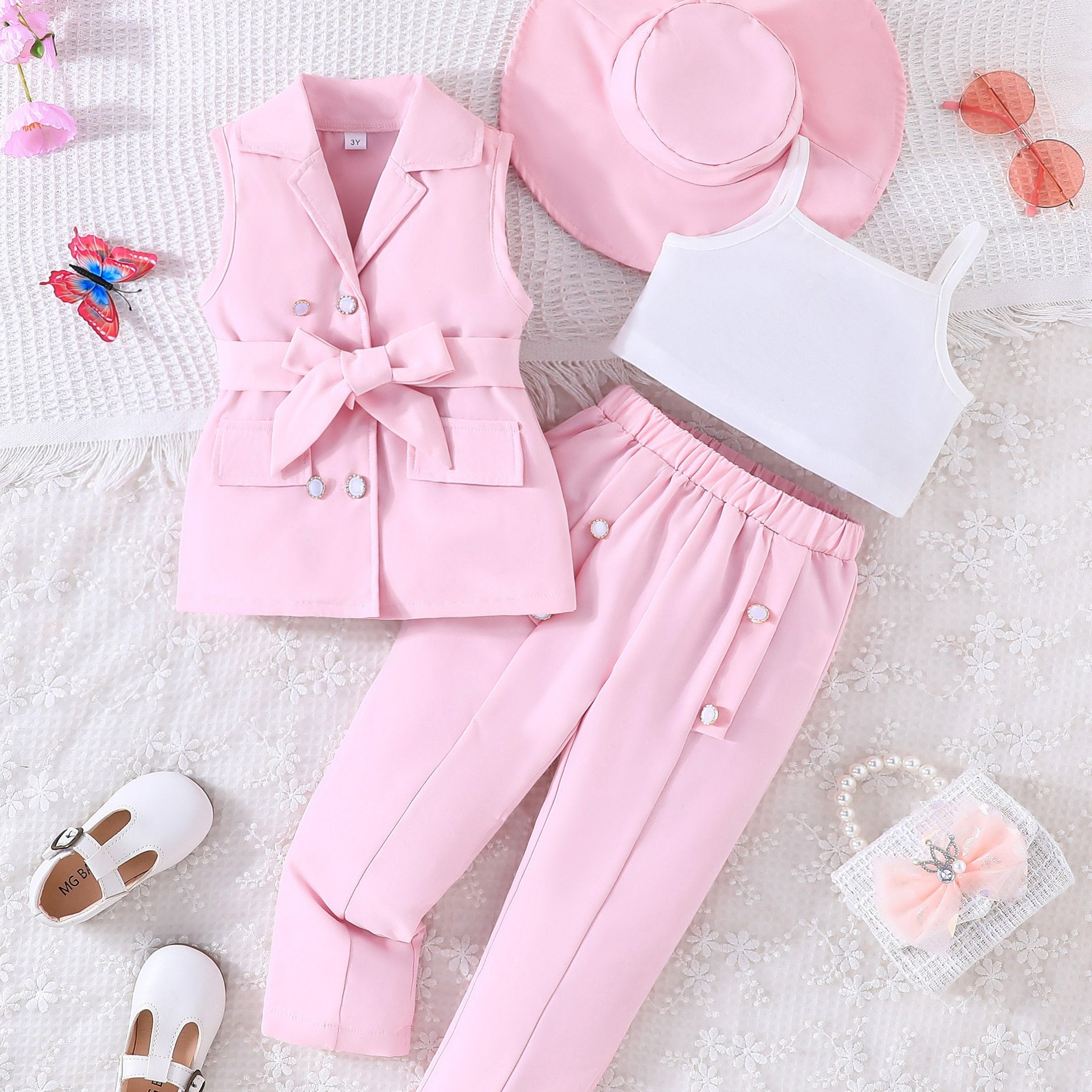 Девочкиный 4-частный костюм: жилет без рукавов, брюки, майка, шляпа, весна-лето, повседневный