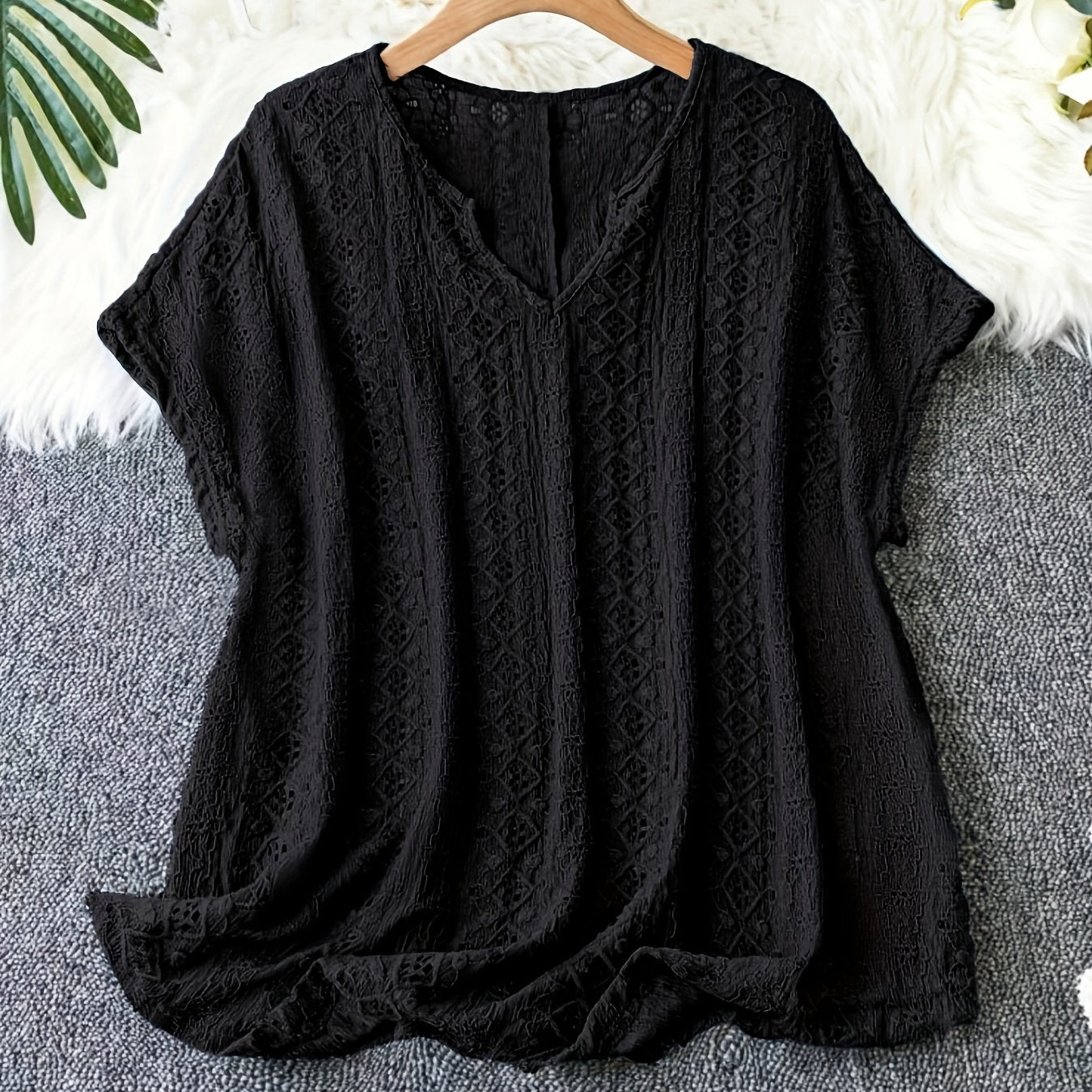 Dark Purple V-Neck Blouse with Batwing Sleeves Semi-Sheer Polyester Casual Top