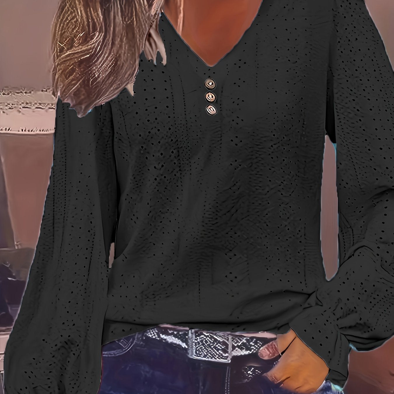 Plus Size Eyelet Button Decor T-Shirt Casual V Neck Long Sleeve Top