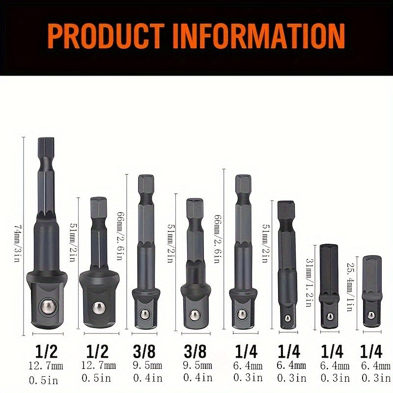 8-Piece Impact Grade Power Drill Socket Adapter Set Steel Hex Shank to 1/4 3/8 1/2 Drive