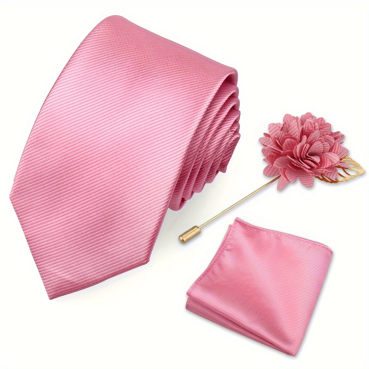 Men's Tie Set with Pocket Towel and Brooch, Classic Striped Plain Design