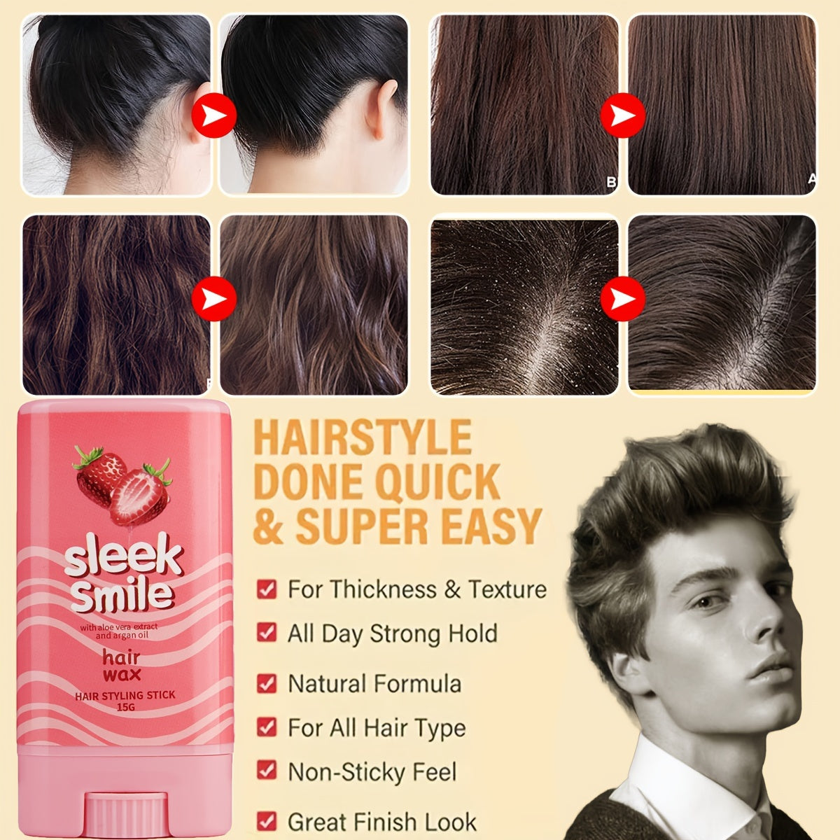 Unisex Hair Styling Stick Balm 15g Moisturizing Strong Hold Natural Look