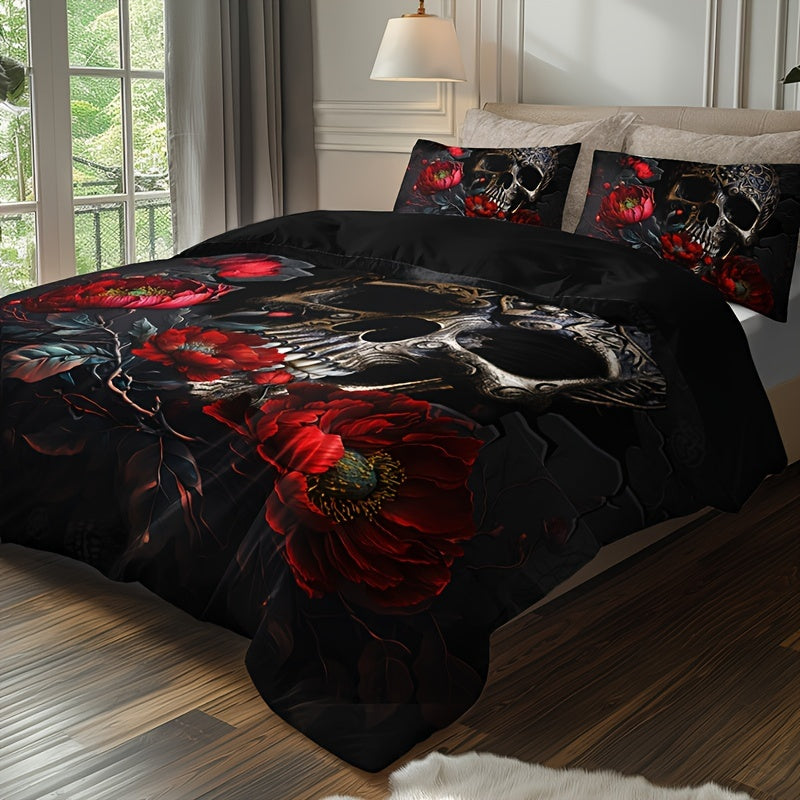 Gothic Skull Floral Duvet Cover Set 3 Pieces Breathable Bedding for Home and Dorm