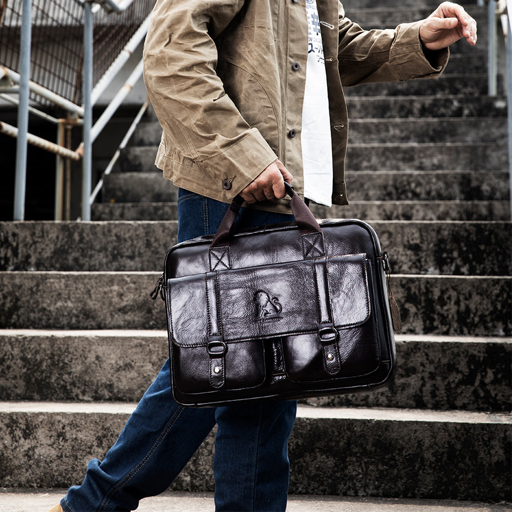 Men's Leather Briefcase with Multiple Compartments and Adjustable Shoulder Strap Coffee