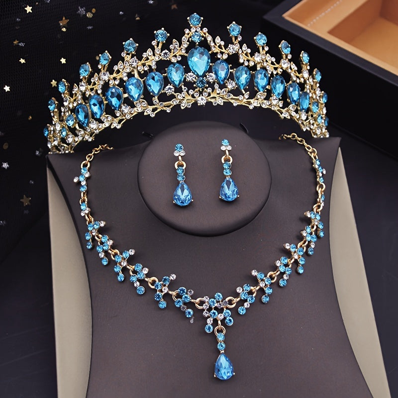 To'ylar uchun Bridal Rhinestone Crown Jewelry Set Tiara Necklace Earrings