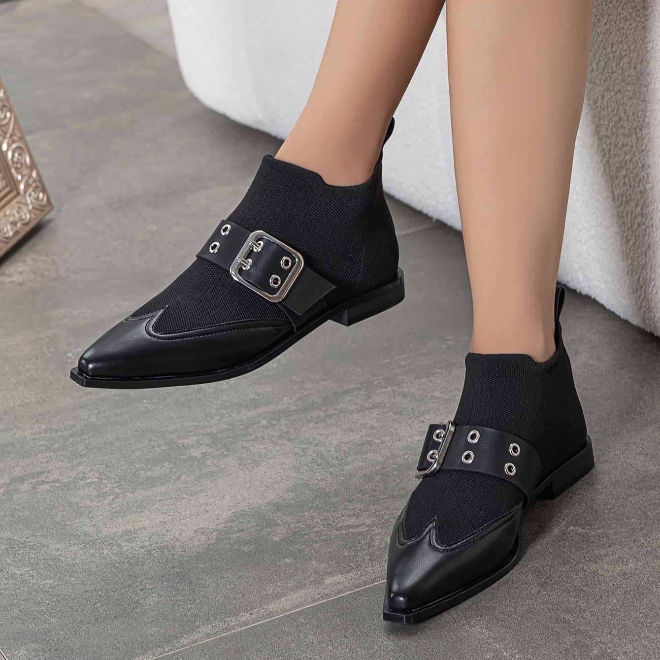 Women's Stretch Slip-On Ankle Booties with Buckle Flat Heel Pointed Toe