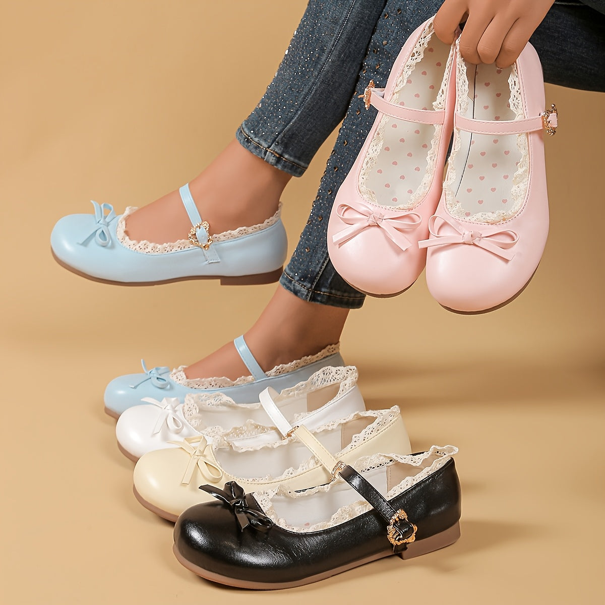 Women's Mary Jane Flats with Bow Detail Breathable Rubber Sole Pink White