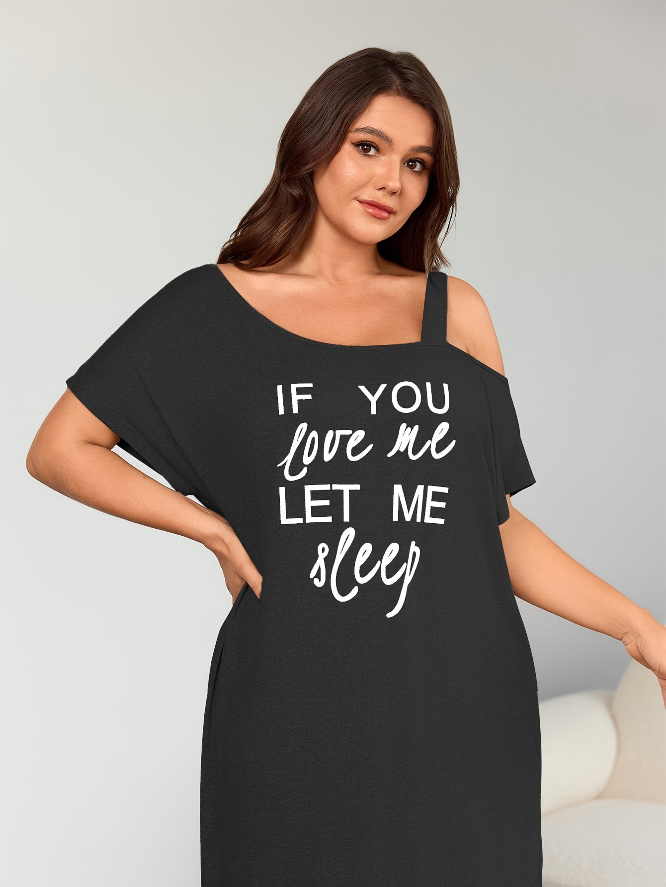 Plus Size Women's Sleep Dress Off-Shoulder Letter Print Gray Pajama Set