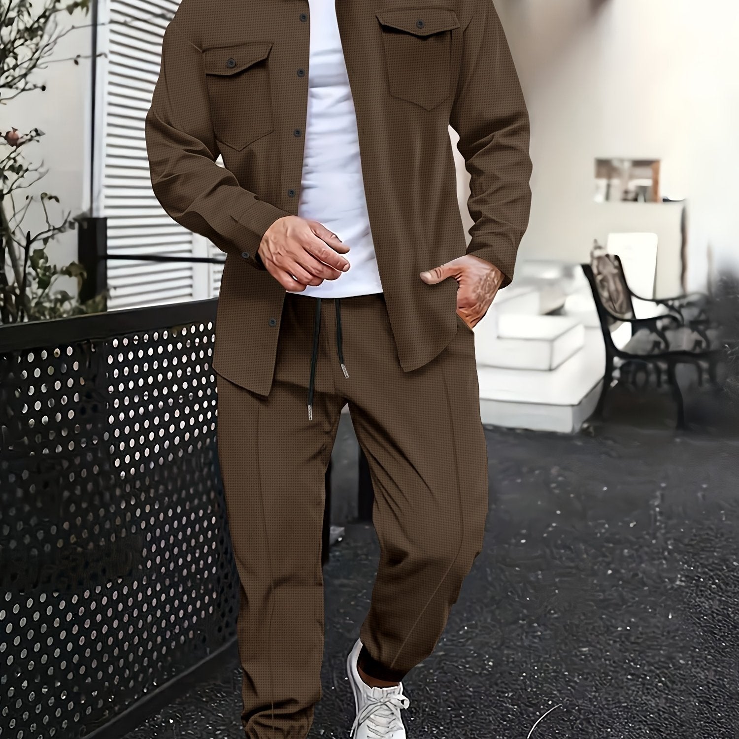 Men's Casual Sports Suit Set Long Sleeve Polyester Shirt with Pockets and Pants