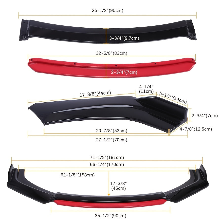 4Pcs Car Front Bumper Lip Spoiler Splitter Kit Red Black PP Durable Aerodynamic