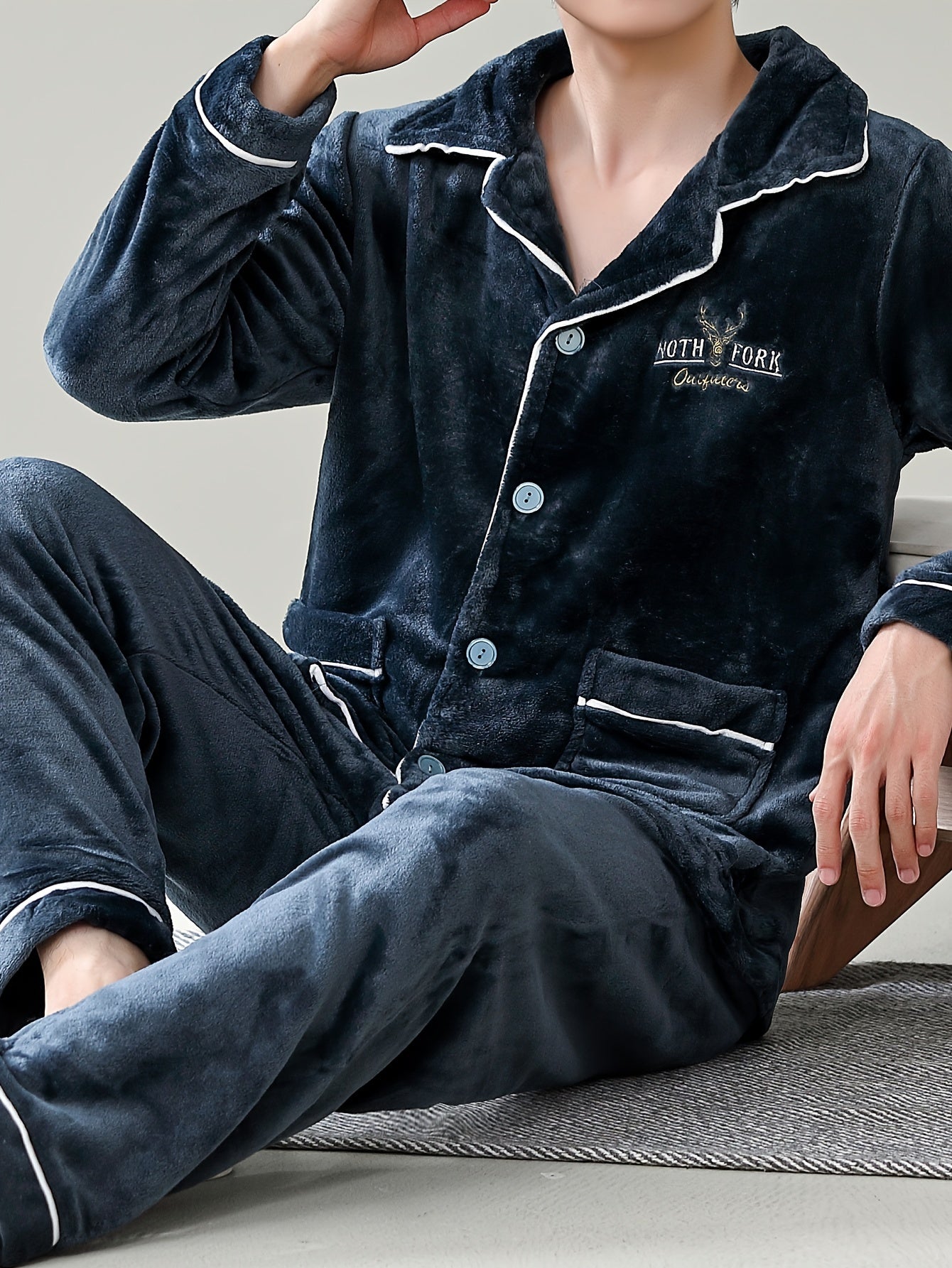Men's Flannel Pajama Set with Cartoon Print Long Sleeve Loose Fit Polyester Velvet Autumn Winter Home Wear