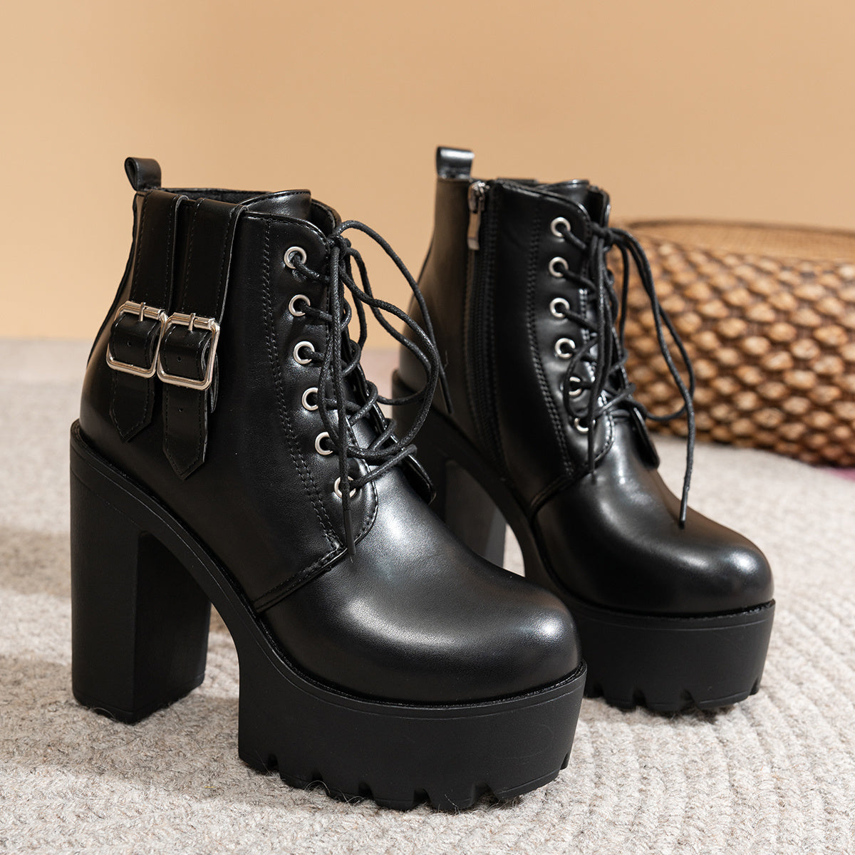 Women Black Double Buckle High Heel Ankle Boots Stylish Platform Dress Shoes