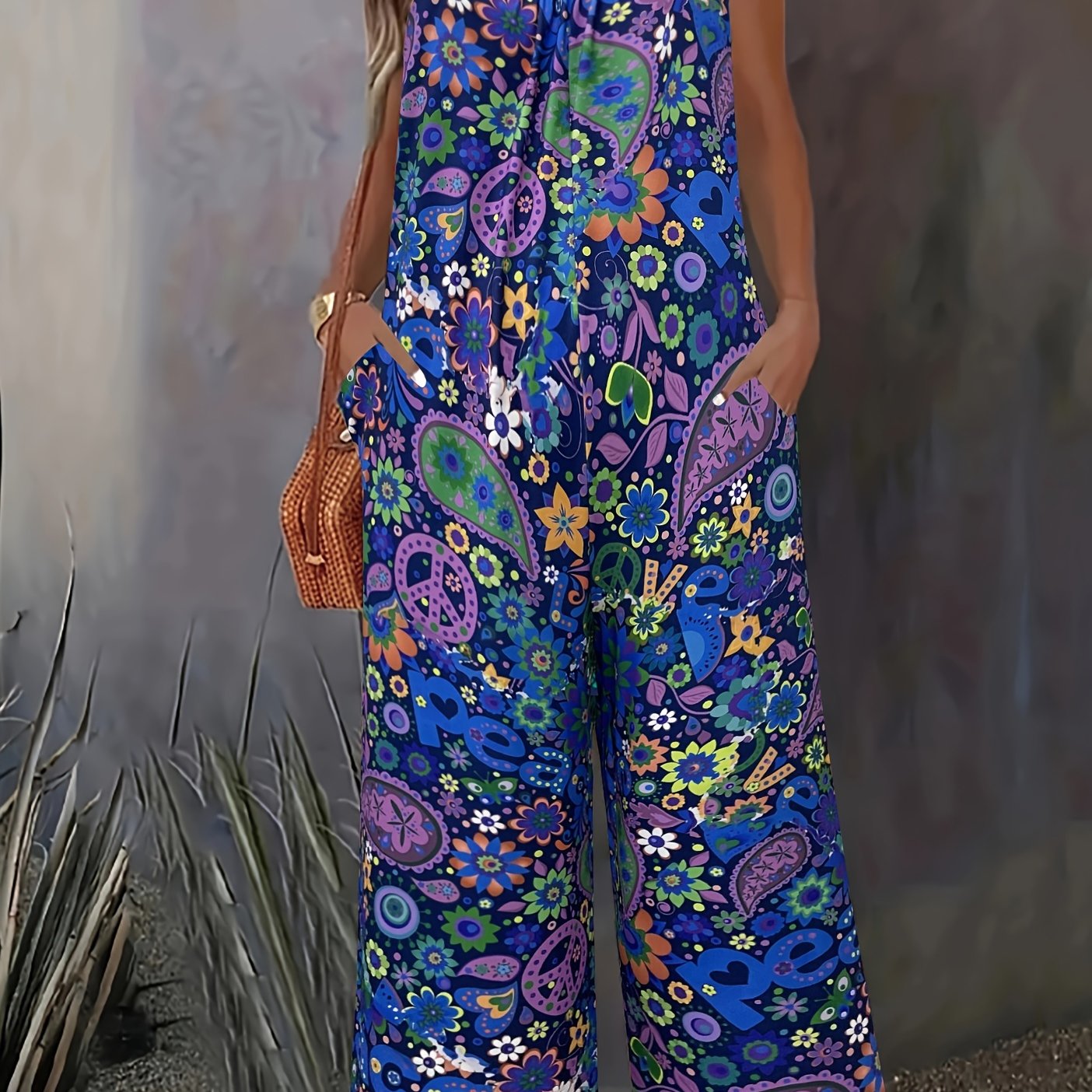 Plus Size Floral Print Wide Leg Jumpsuit Sleeveless Casual Pockets Women