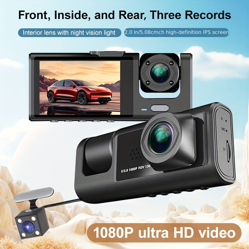 3-Channel Dash Cam with IR Night Vision 1080P HD Front Rear Loop Playback Wide Angle Display