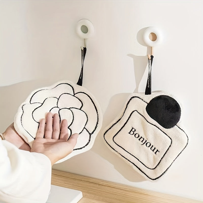 Juego de 3 toallas de mano para cocina con flores de camelia de inspiración francesa, ultra absorbentes, felpa coral, negro y blanco