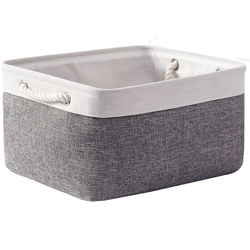 Gray and White Linen Storage Basket with Rope Handles for Closet and Nursery Organization