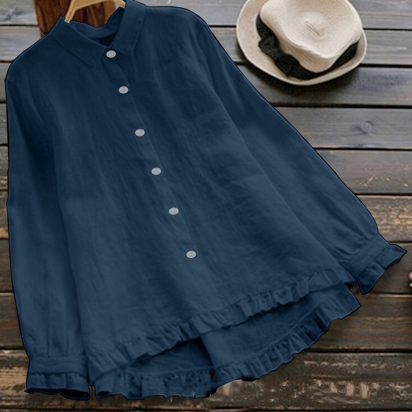 Loose-Fitting Cotton Shirt for Adults with Solid Color, Front Buttons, and Lace Trim