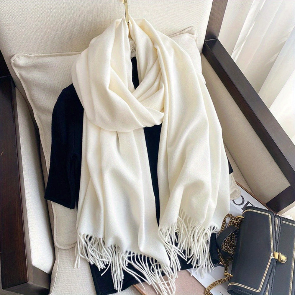 Women Black Tassel Shawl Scarf Thick Plush Wool Feel Double-Sided Cashmere Autumn Winter