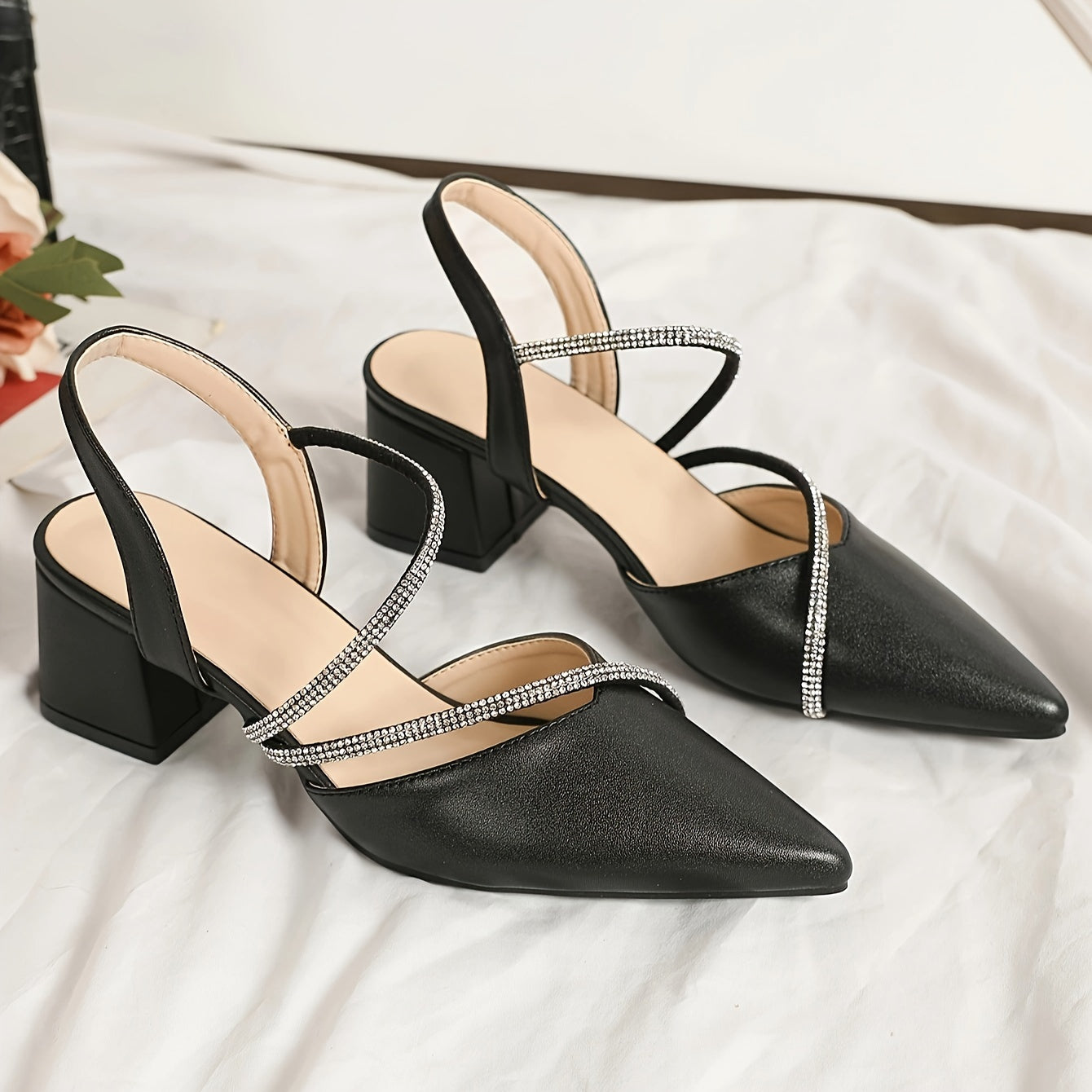 Women's Chunky Heel Sandals with Pointed Toe Rhinestone Accents Faux Leather All-Season