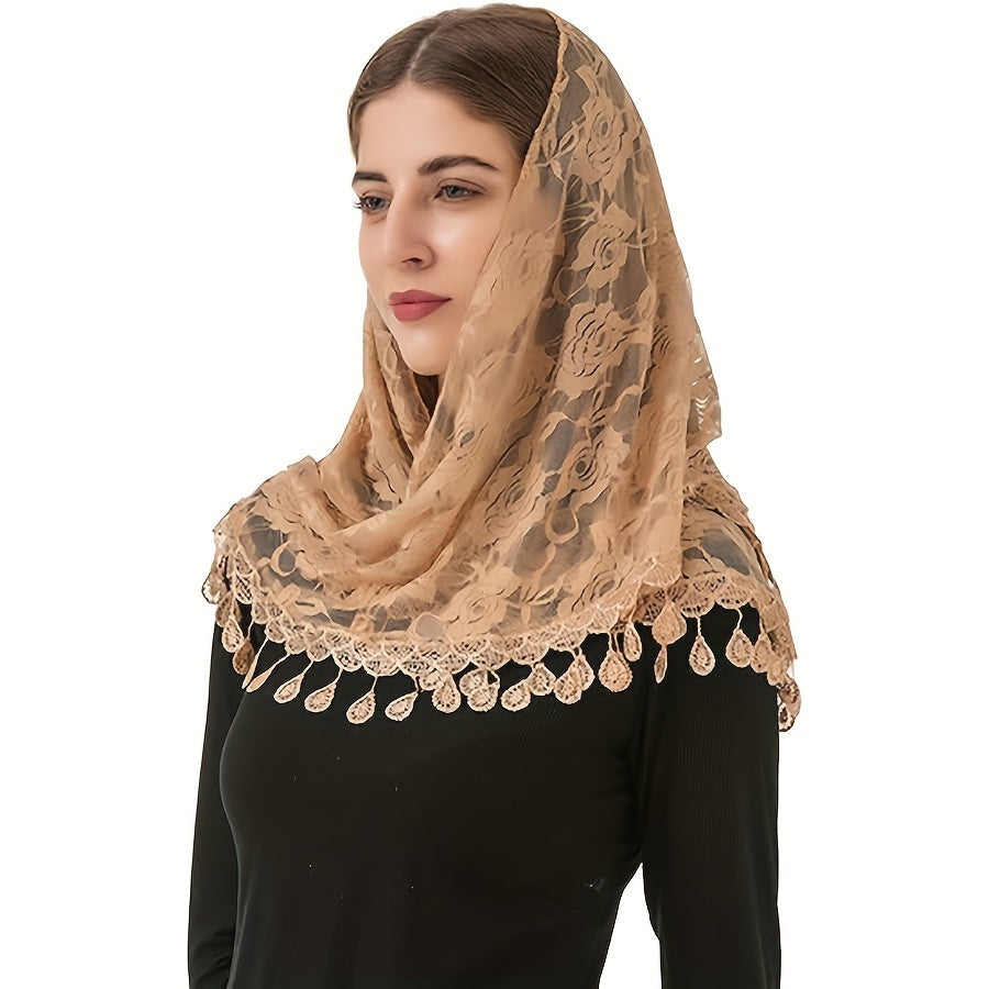 Women's Lace Shawl Triangular Mantilla Veil for Ceremonies with Tassel Accents